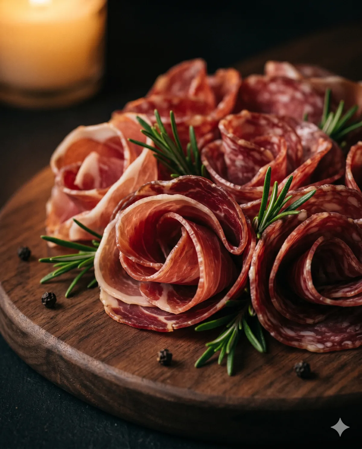 Salami roses with rosemary